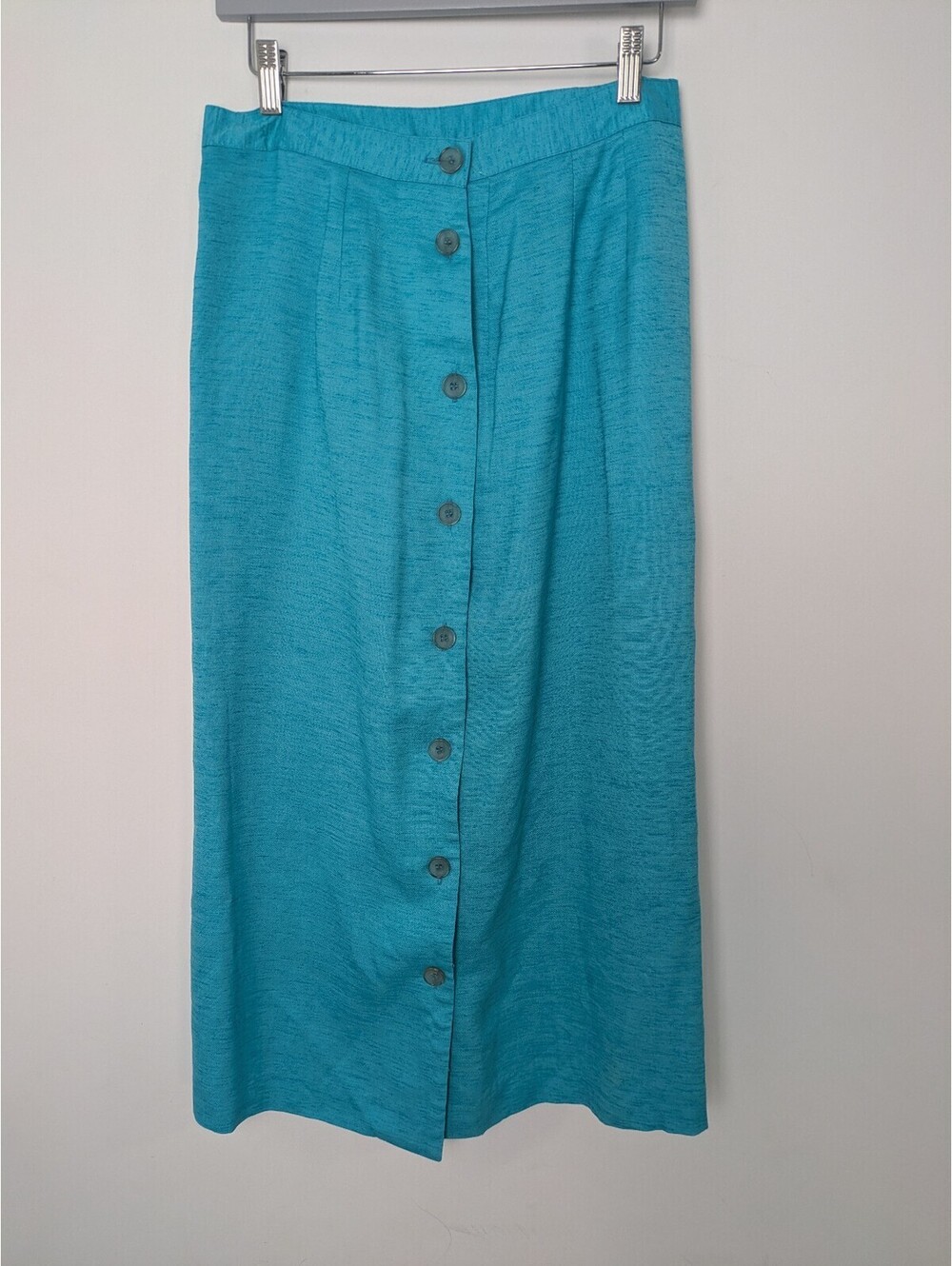Vintage Breckenridge Turquoise Blue 100% Linen Button Front Midi Skirt Size Med